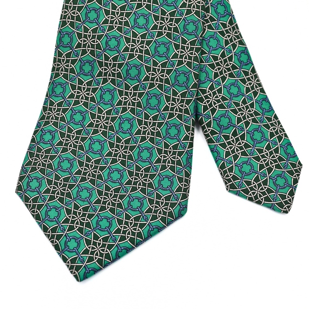 Hermes Mens Silk Tie Green Blue Geometric Chain Link Pattern 843 EA Made France